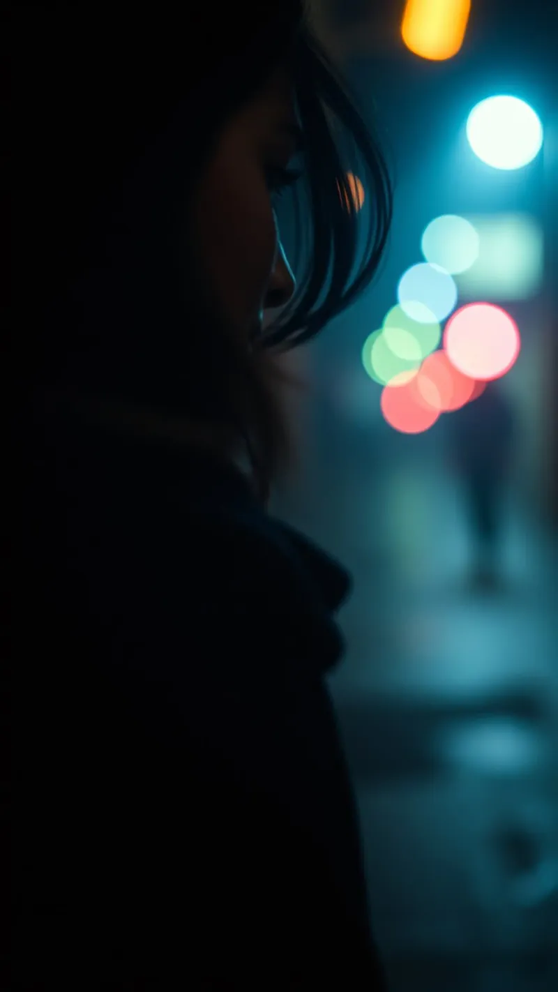 Una donna si trova in una strada scarsamente illuminata, con lo sguardo rivolto in lontananza pellicola backlit da DesignDoodle