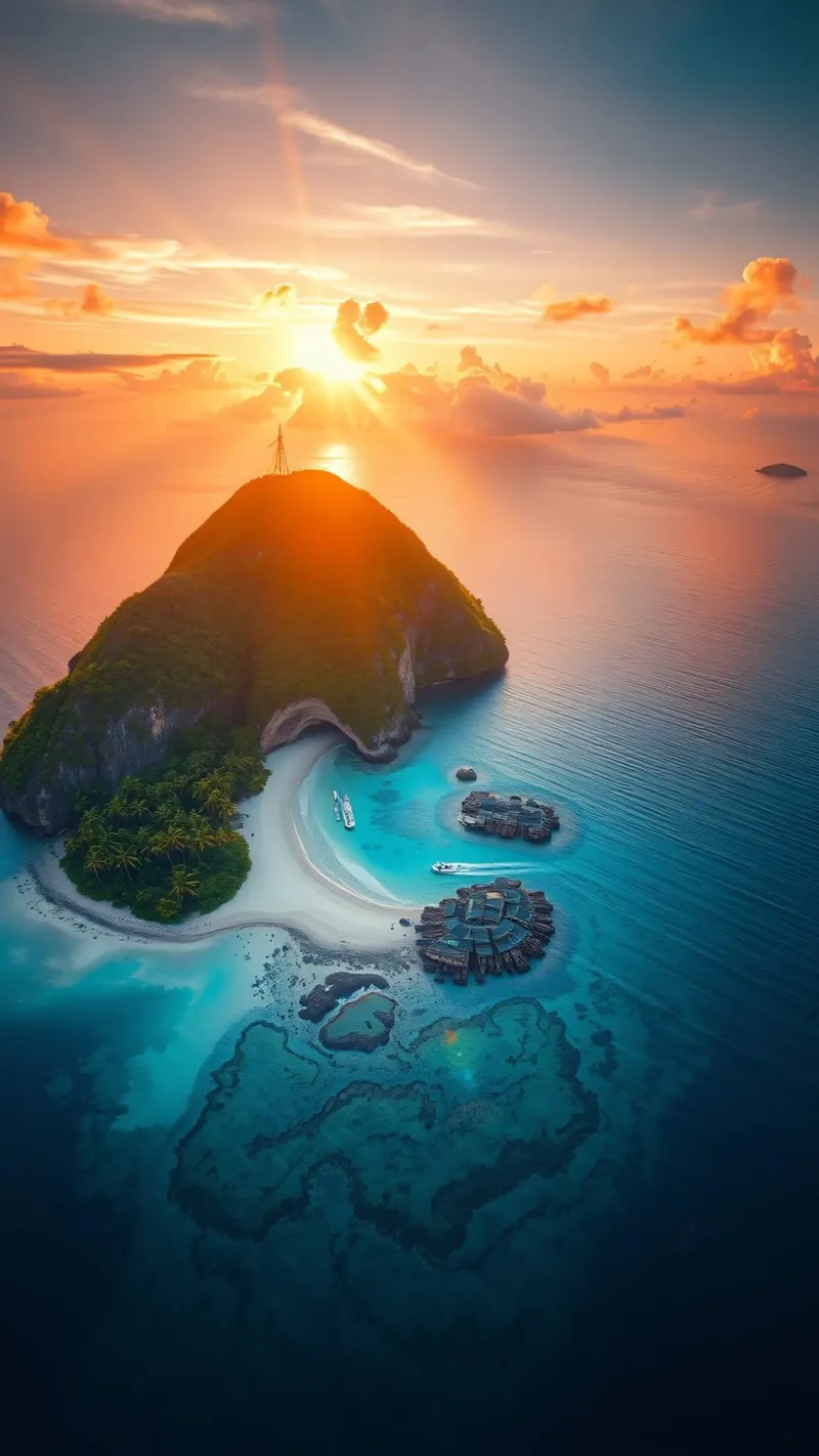A breathtaking sunset casts warm glow over a tropical island alu-dibond by DesignDoodle