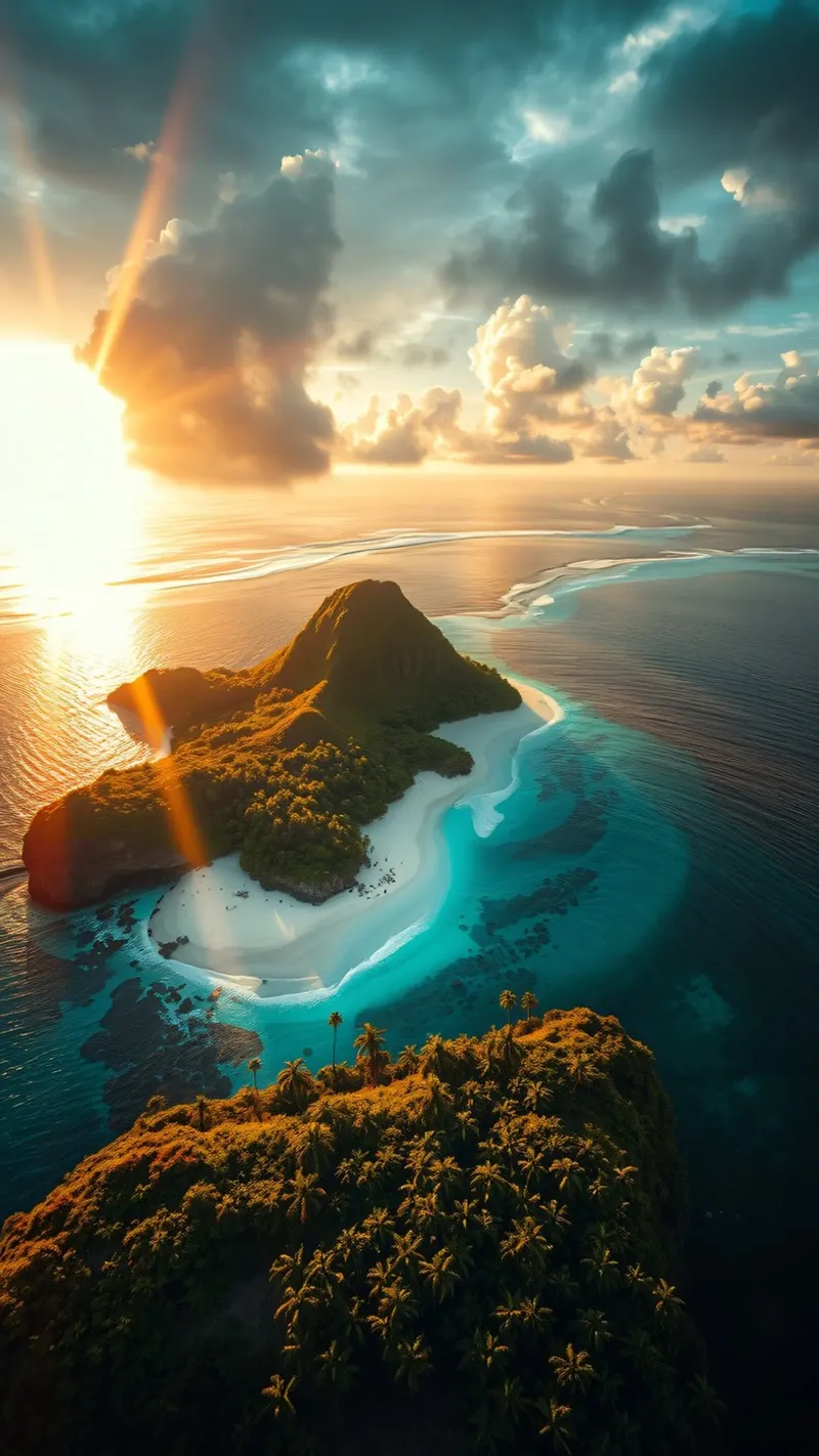 Vue aérienne d'une île tranquille au coucher du soleil avec une lumière dorée hahnemühle de DesignDoodle