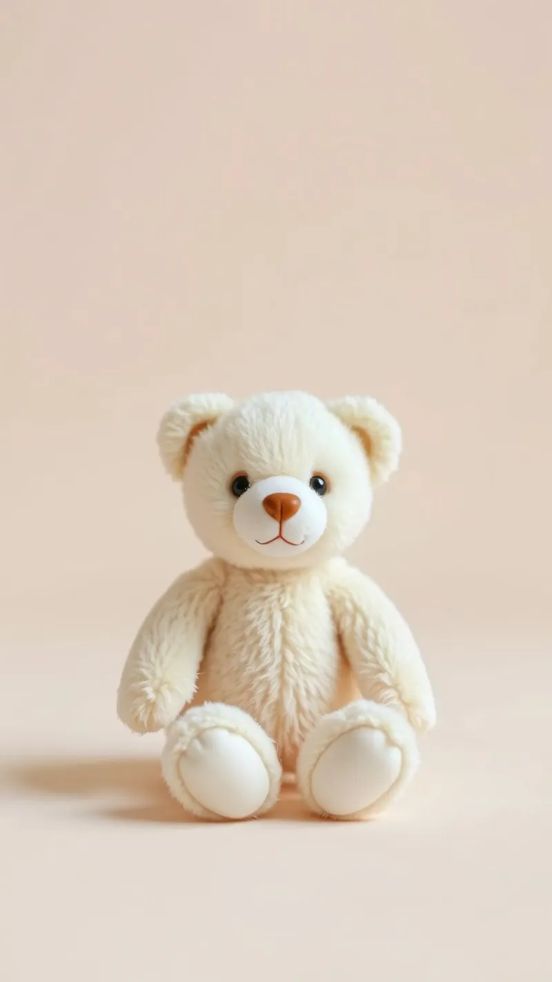 Cute white teddy bear sitting on a soft, neutral background canvas with Floater frame by DesignDoodle
