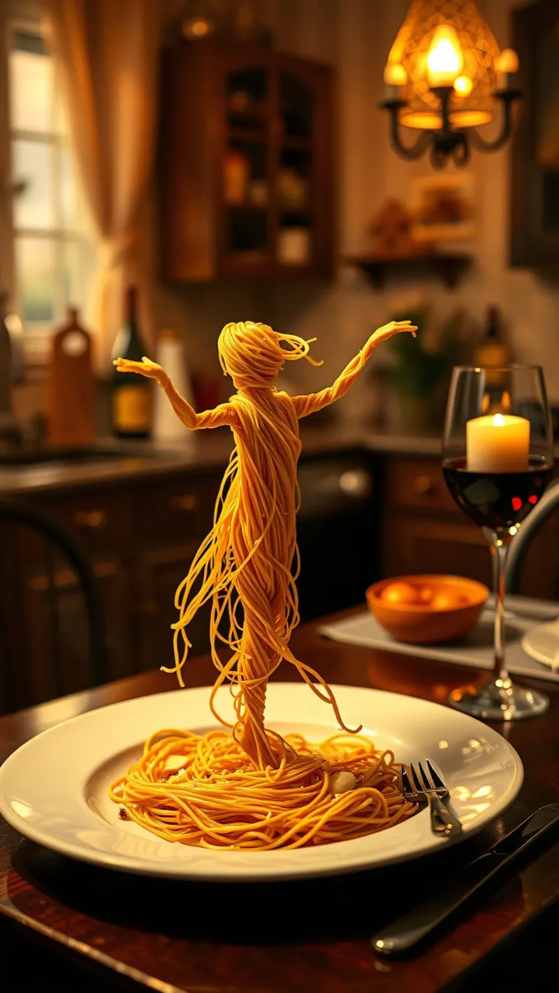 Scultura di pasta creativa di una ballerina su un piatto da pranzo pellicola backlit da DesignDoodle