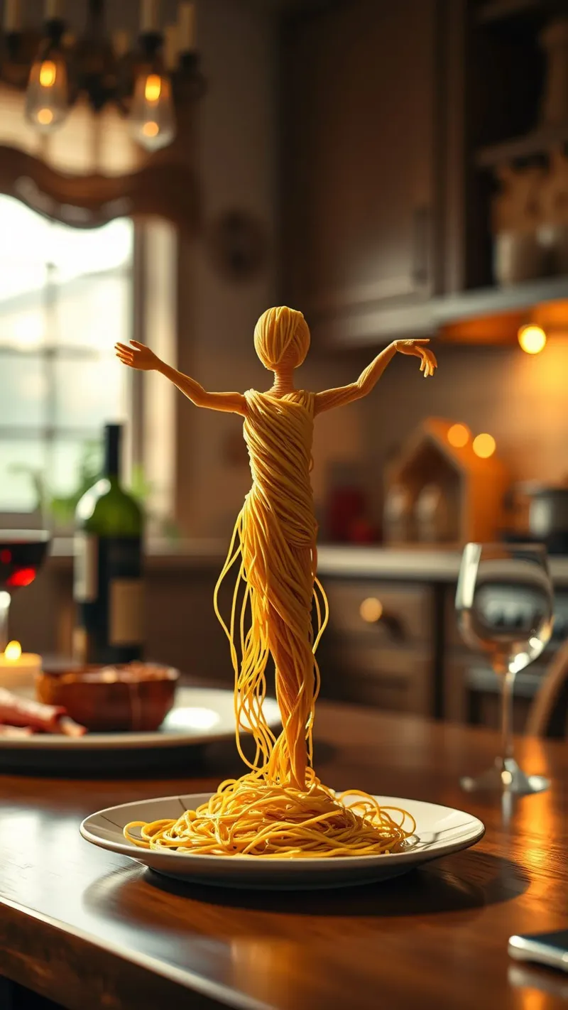 Una scultura di pasta si trova su un piatto in un accogliente tavolo da cucina pellicola backlit da DesignDoodle