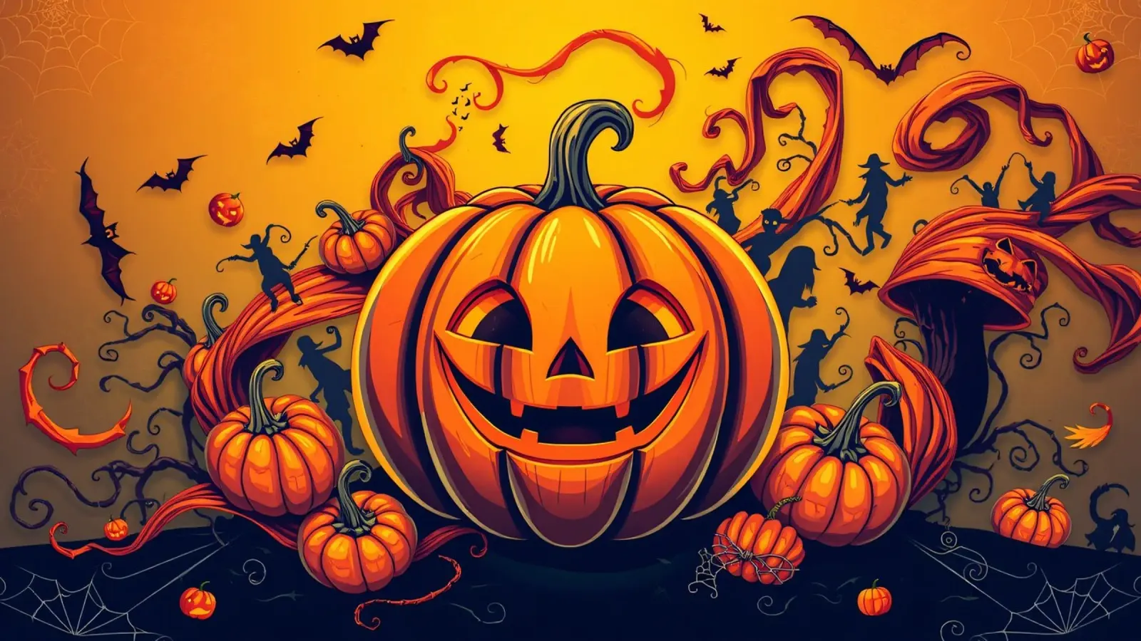 joyful pumpkin surrounded by playful bats and swirling vine hahnemühle by DesignDoodle