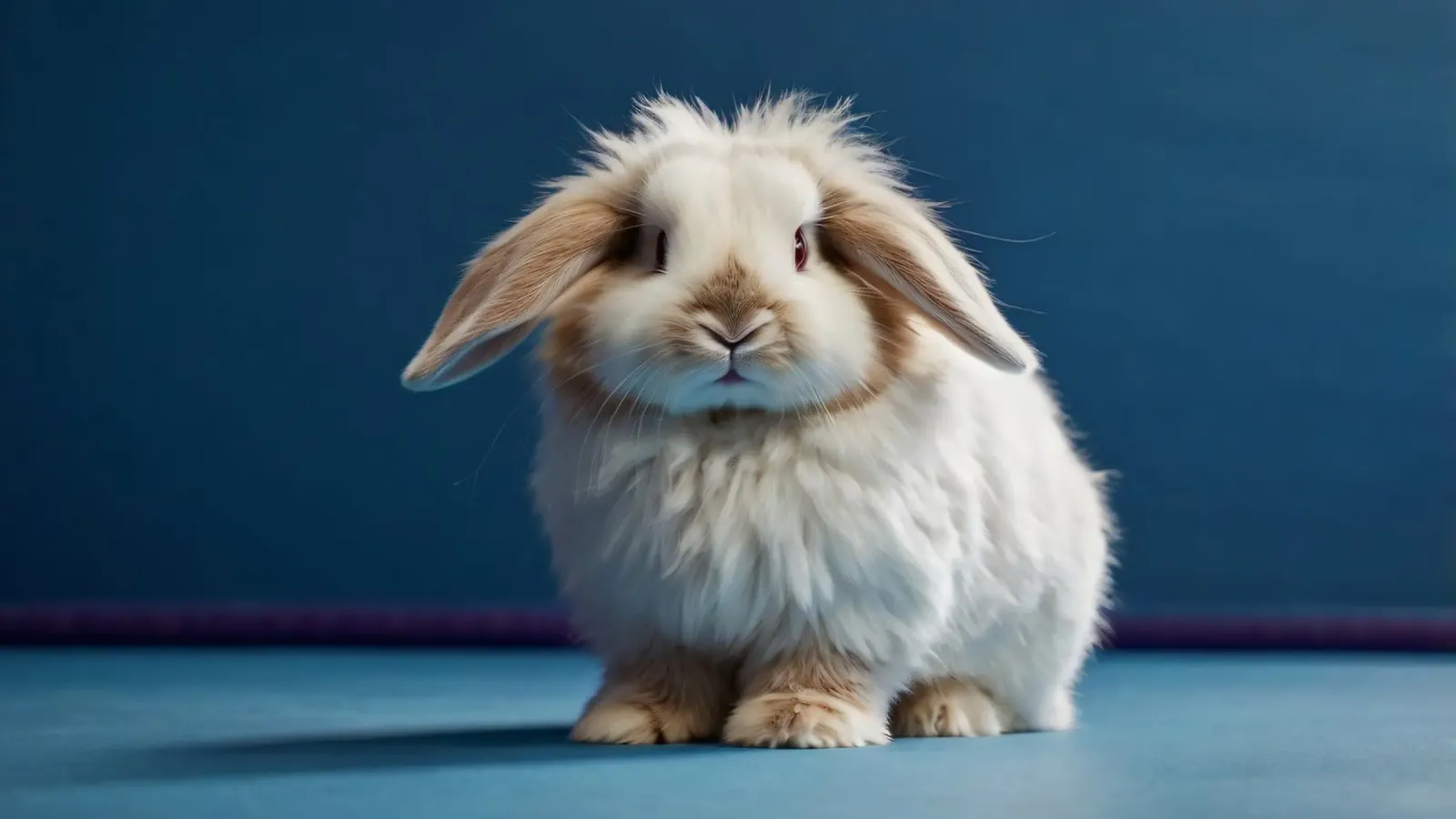 Lapin blanc duveteux assis sur une surface bleue hahnemühle de DesignDoodle