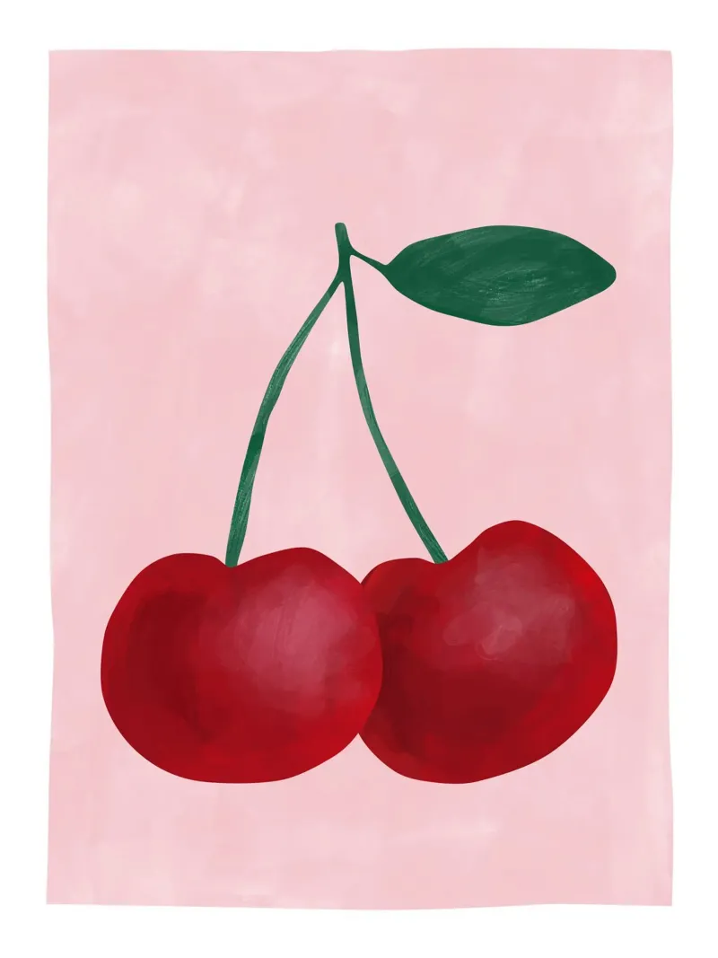 Ciliegie rosse con foglia verde poster con telaio in plastica da Pictufy Sun & Spirit