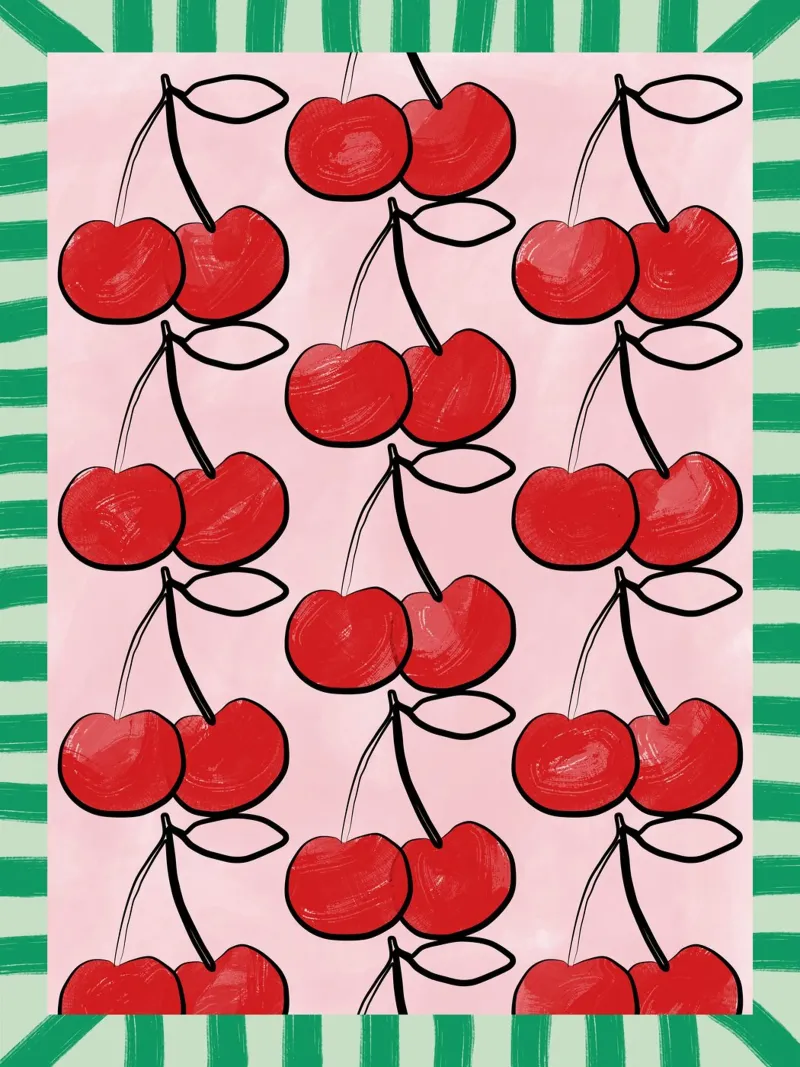 Ciliegie rosse su rosa poster con telaio in plastica da Pictufy Sun & Spirit