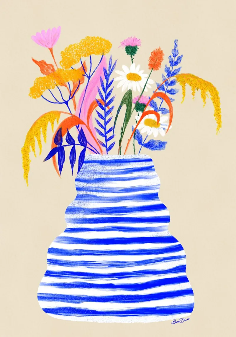 Vaso floreale felice con strisce poster con telaio in alluminio da Pictufy Sun & Spirit