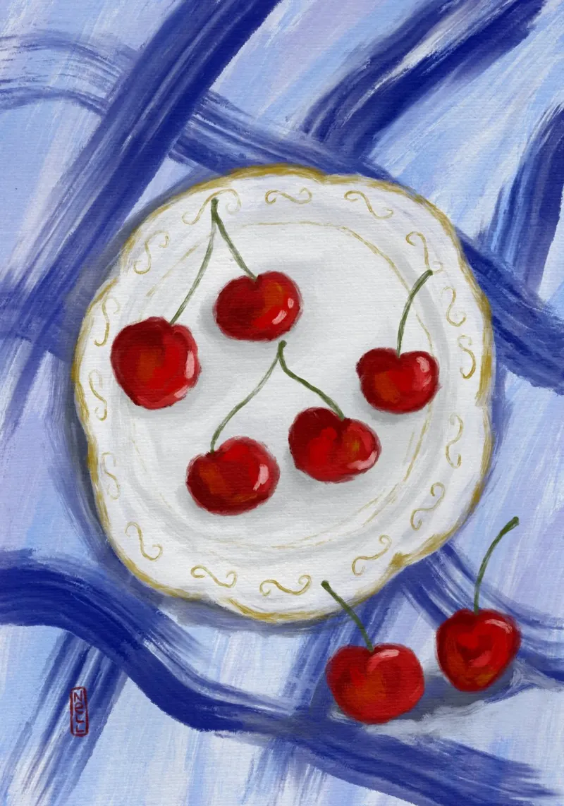 Un piatto di ciliegie Pittura alimentare poster con telaio in alluminio da Pictufy Sun & Spirit