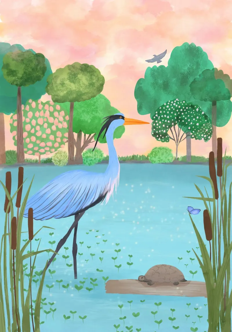 Sereno Heron Haven poster con telaio in legno da Pictufy Sun & Spirit