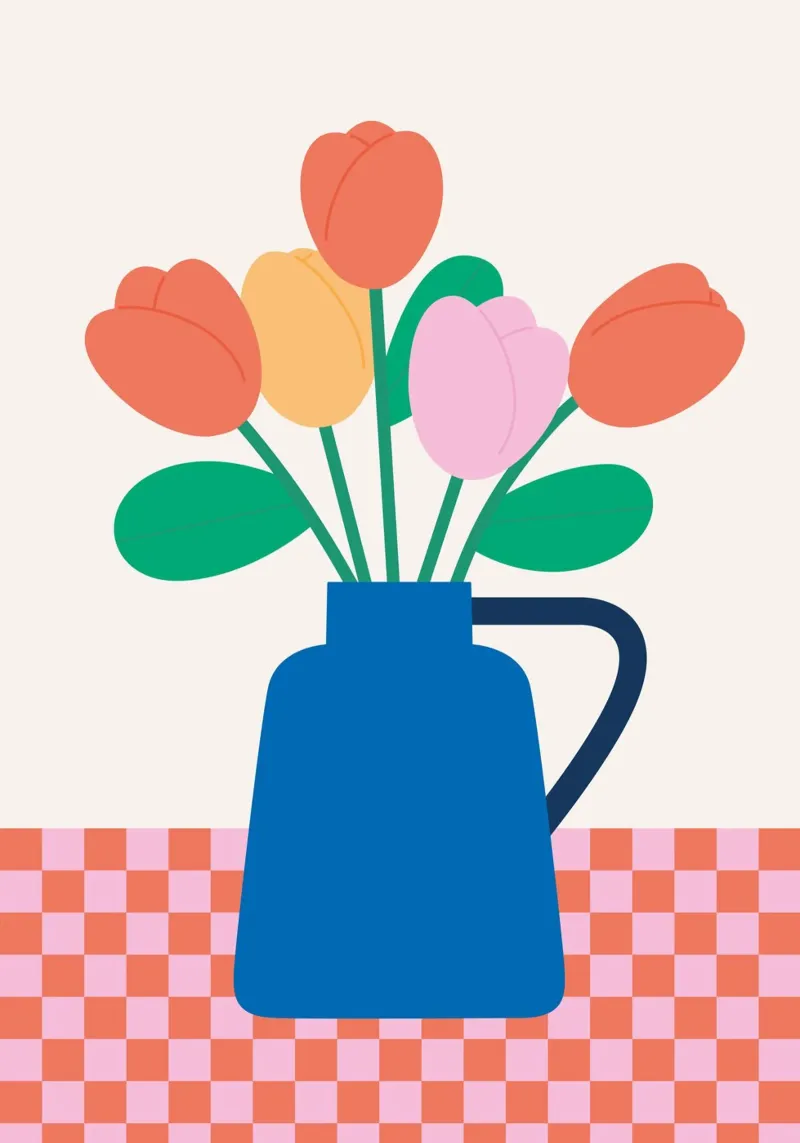 Vaso blu con tulipani rossi poster con telaio in plastica da Susann Stefanizen