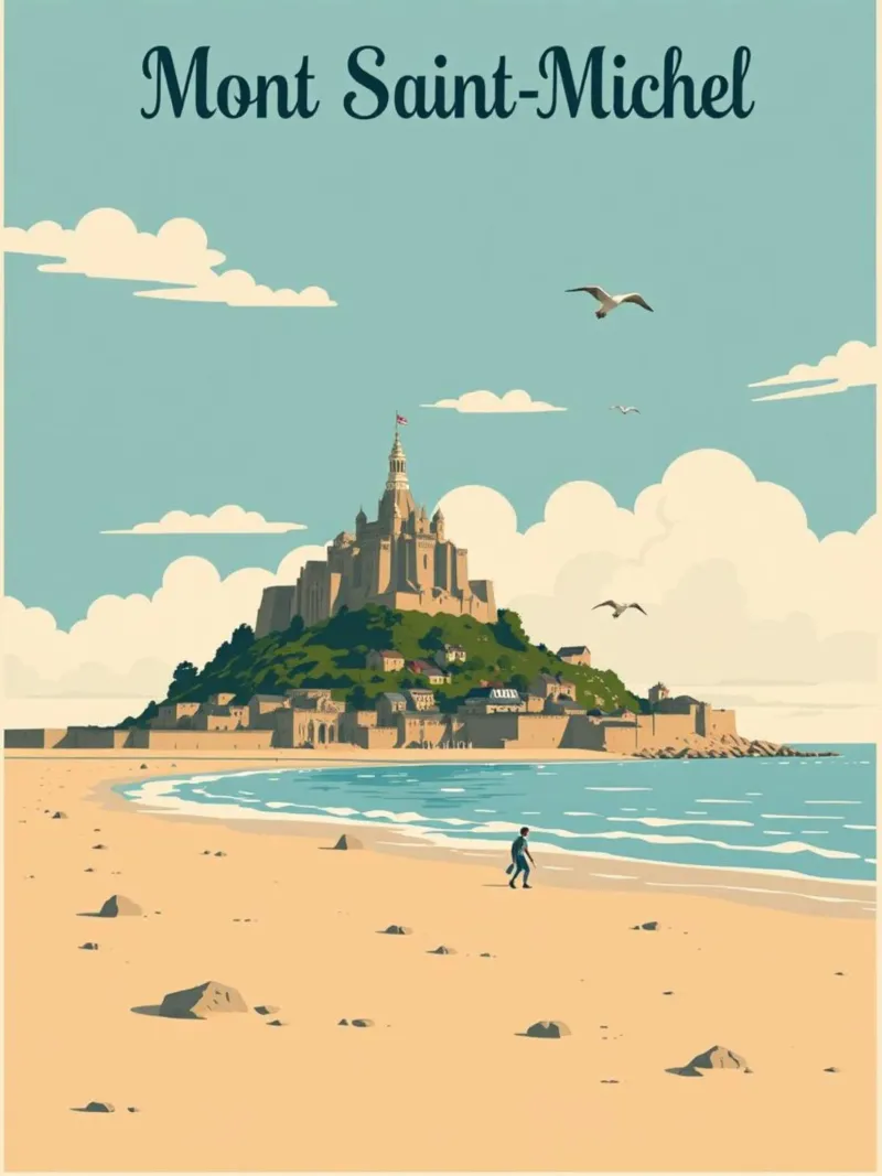 Mont Saint-Michel – Affiche rétro plage et abbaye poster avec cadre en bois de PrintMoiUnTruc