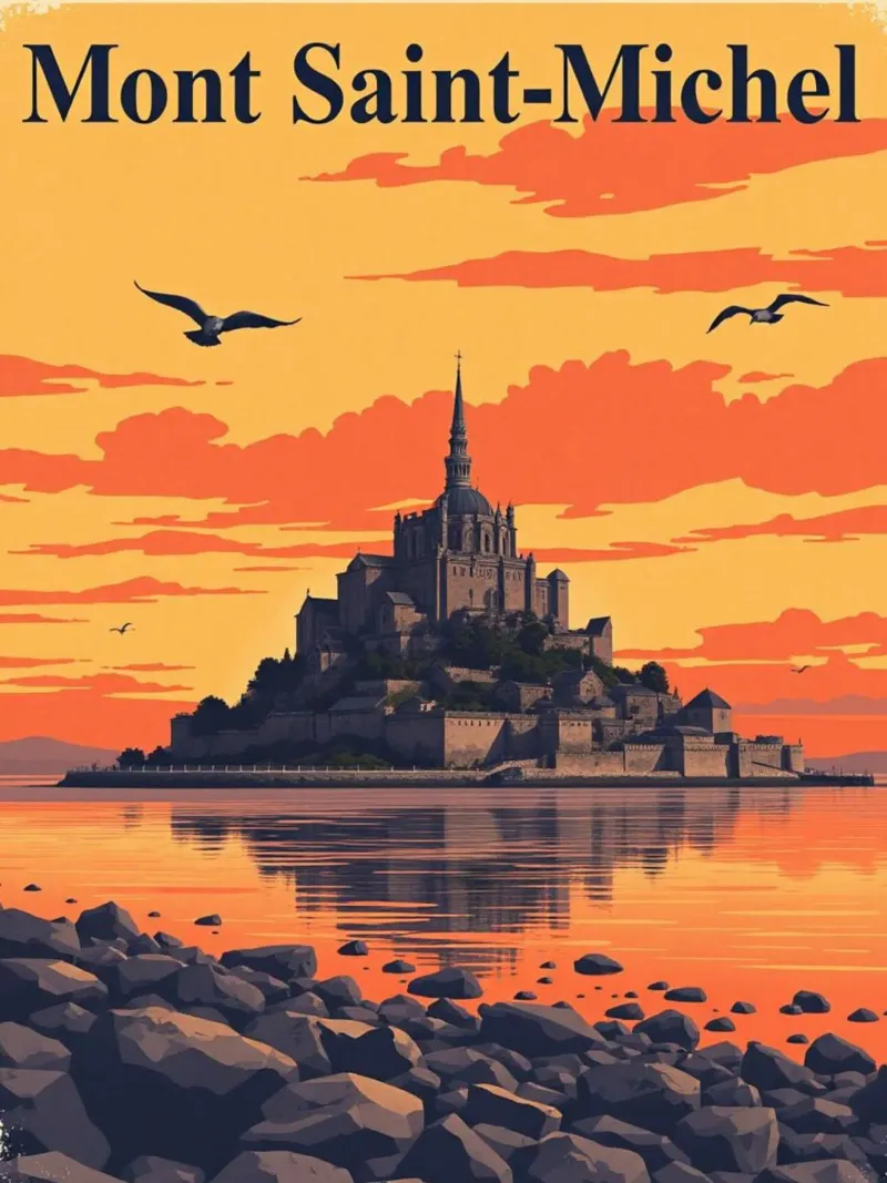 Mont Saint-Michel - Retro sunset poster acrylic glass by PrintMoiUnTruc