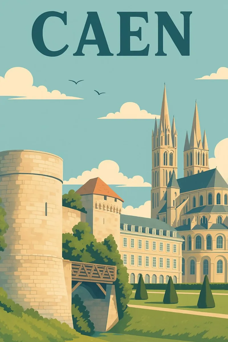 Caen - Retro poster of the castle and abbey poster with plastic frame by PrintMoiUnTruc