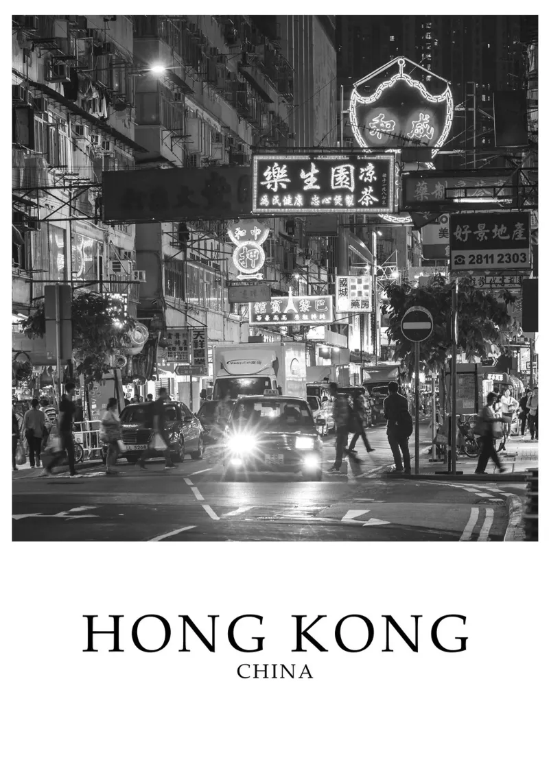 Hong Kong China Street Scene Greyscale pellicola backlit da Charnwood Prints