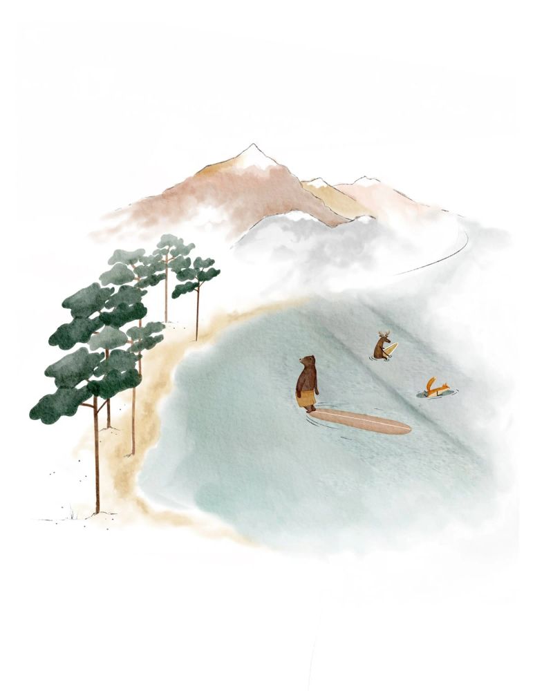 Line Up in Landes: Surfabenteuer in einem verträumten Wald Poster von Urchin Bay Art