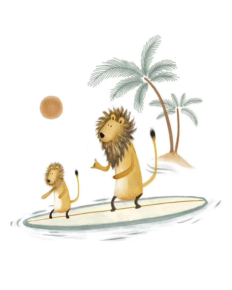 Surfplezier met leeuwen: Samen een speels oceaanavontuur poster met houten frame van Urchin Bay Art