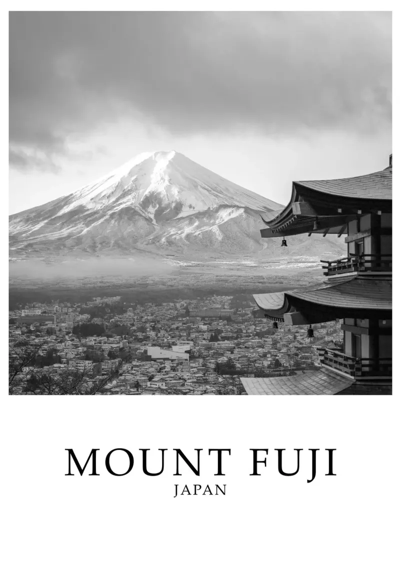 Mount Fuji Temple Japan Scene Greyscale poster con telaio in plastica da Charnwood Prints