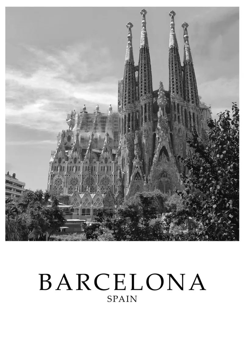 Sagrada Familiar Barcelona Spain Scene Greyscale canvas by Charnwood Prints