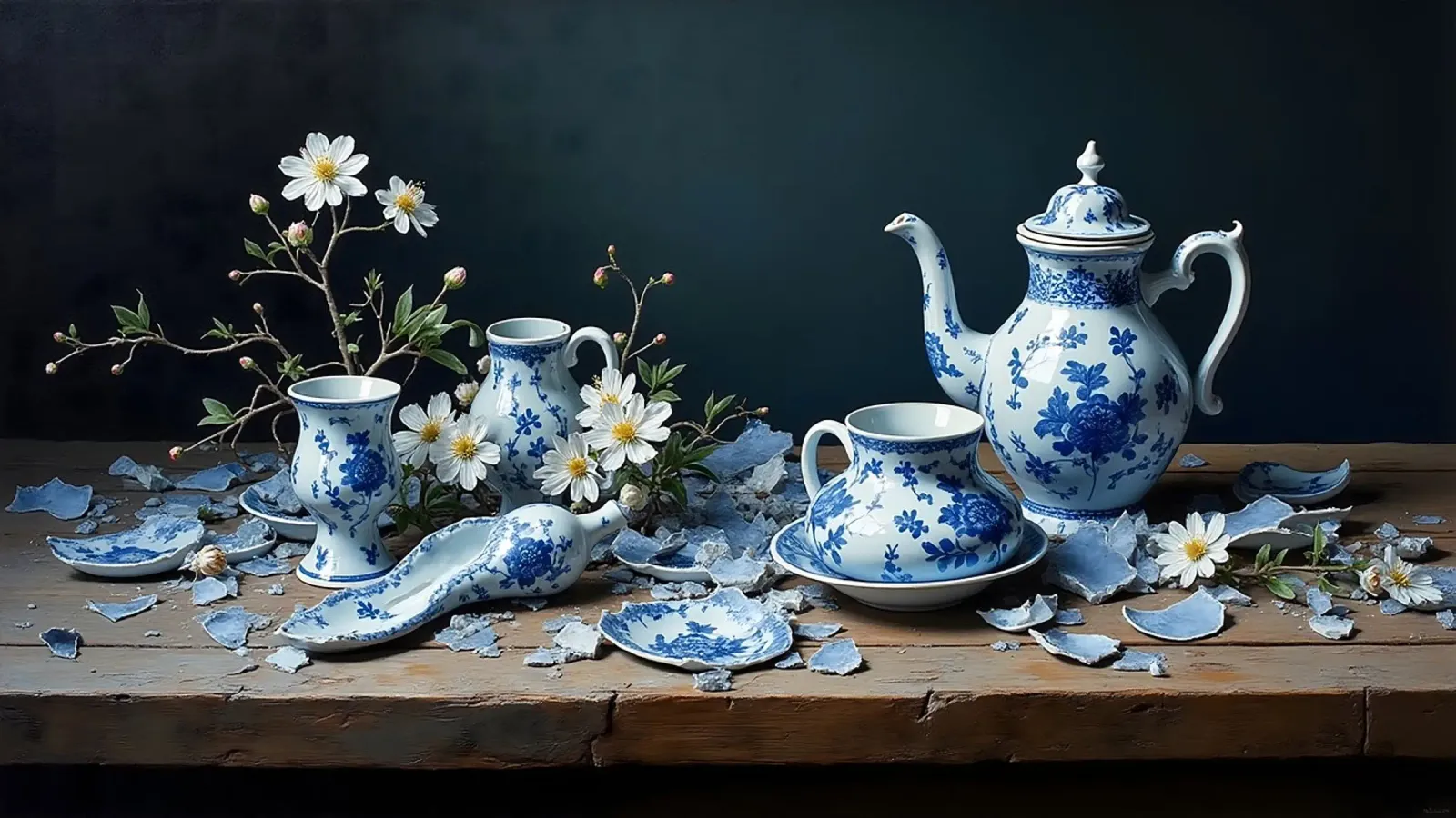 Stillleben Gebrochene Delfter Keramik mit Anemonenblüten Backlit Folie von Hai Maivory