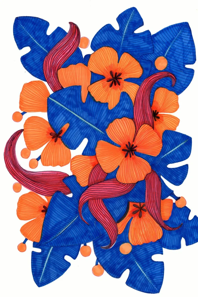 Fiori hawaiani arancioni e blu poster con telaio in legno da Pictufy Sun & Spirit