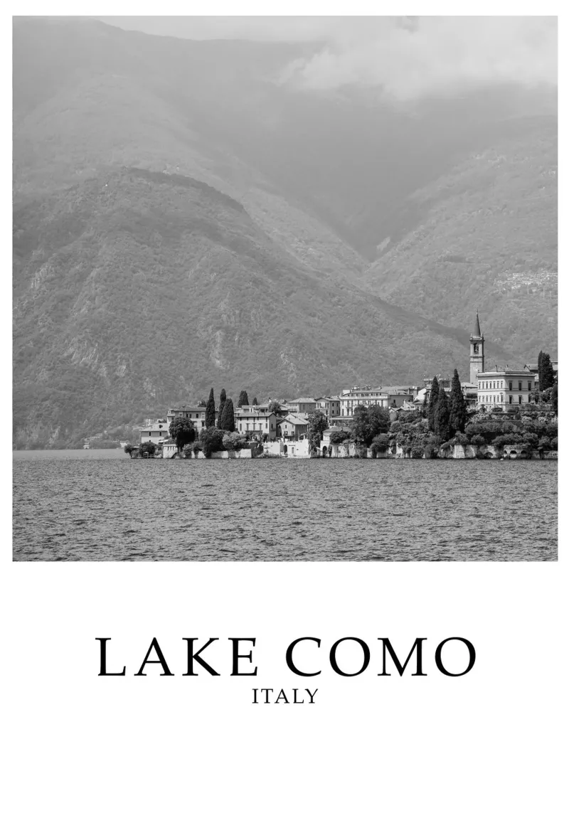 Lake Como Italy Nature Scene Greyscale canvas met Baklijst van Charnwood Prints