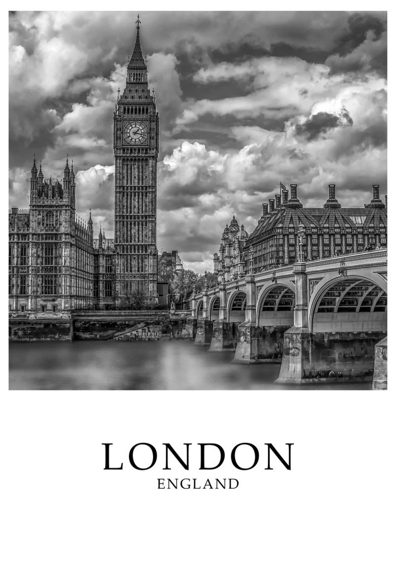 London Westminster Big Ben Cityscape Scene Greyscale Poster von Charnwood Prints