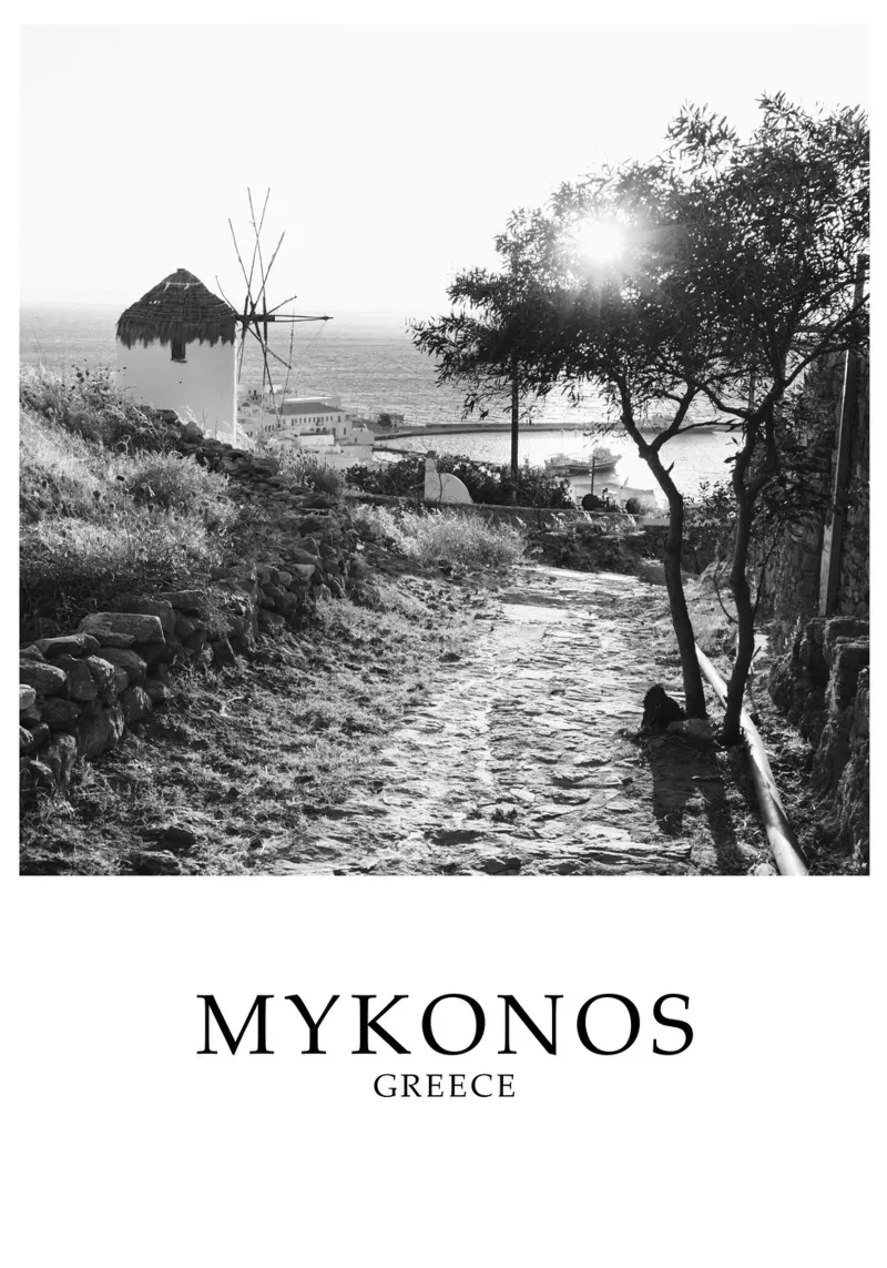 Mykonos Greece Scene Greyscale poster da Charnwood Prints