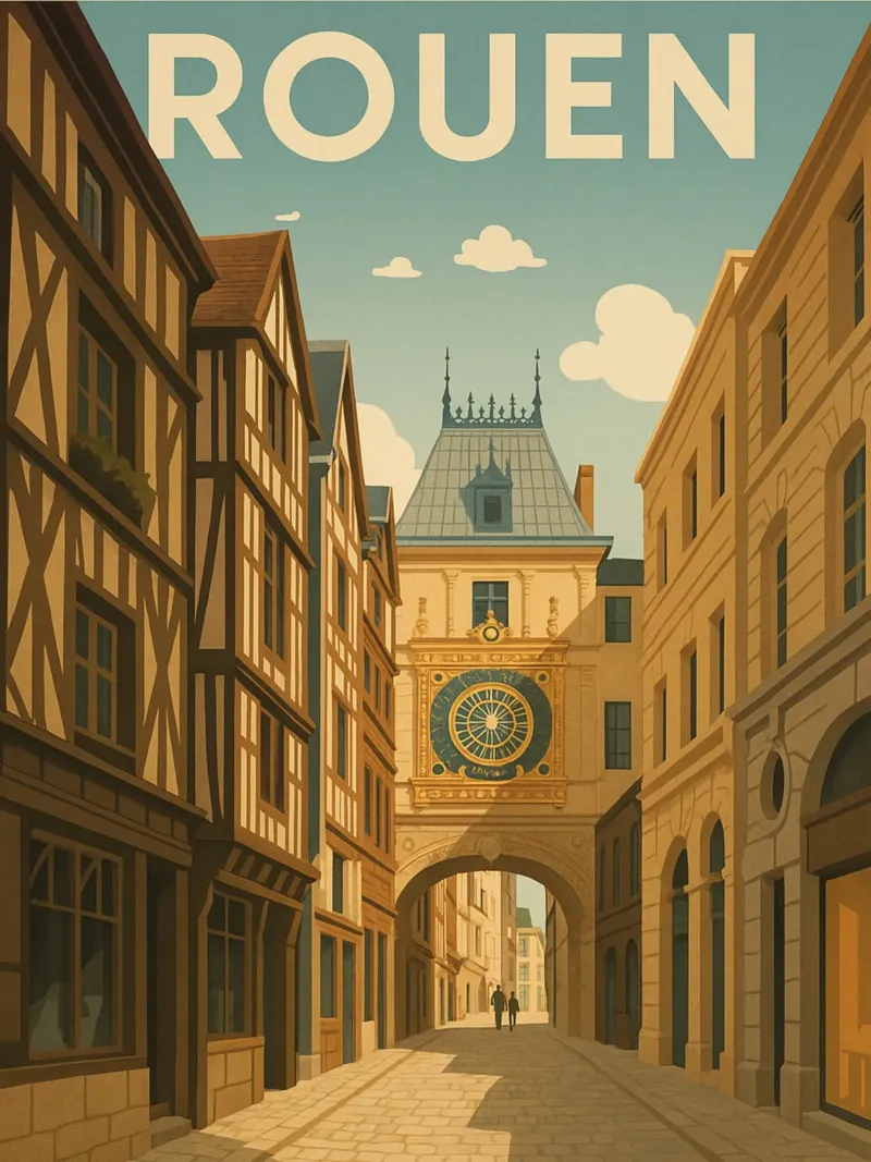 Rouen - Retro poster of the Gros-Horloge and the old town poster with aluminum frame by PrintMoiUnTruc