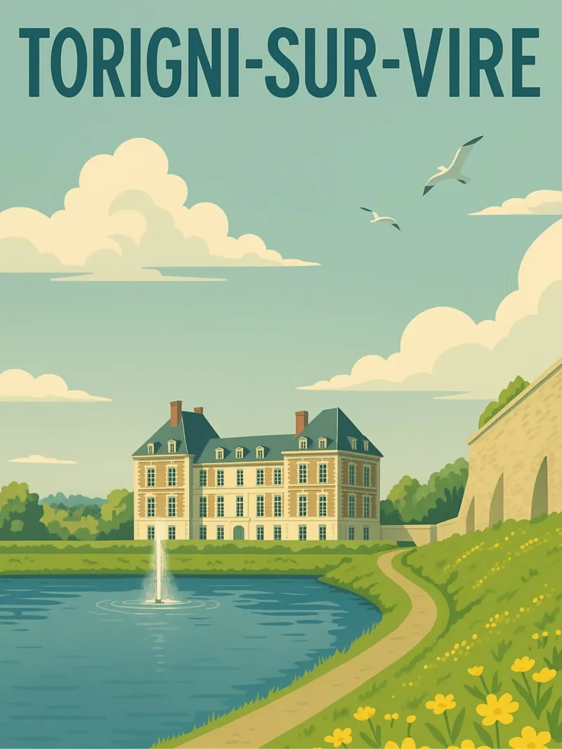 Torigni-sur-Vire - Poster retrò del castello e dello stagno plexiglass da PrintMoiUnTruc