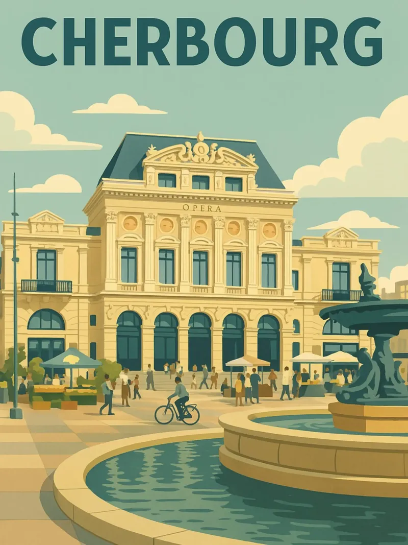 Cherbourg - Retro poster of the theatre and central square poster with plastic frame by PrintMoiUnTruc