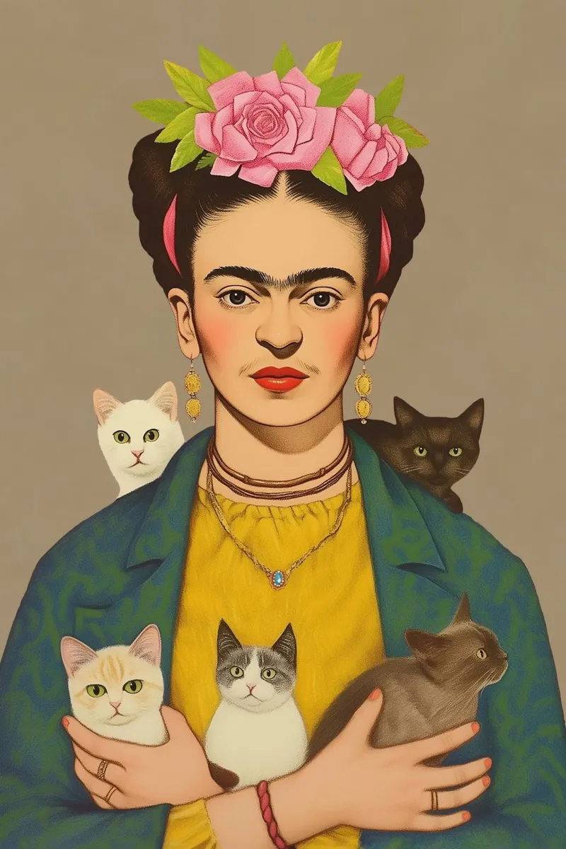 Frida kahlo, l'amore dei piccoli gatti poster con telaio in alluminio da Carinaprint