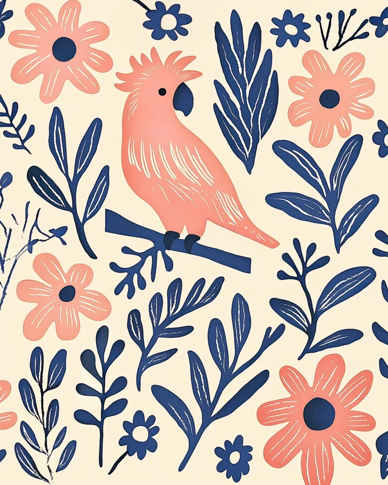 Cacatua rosa Pappagallo Vintage Botanico Animale Uccello Fiori pellicola backlit da Gentle Echoes Art