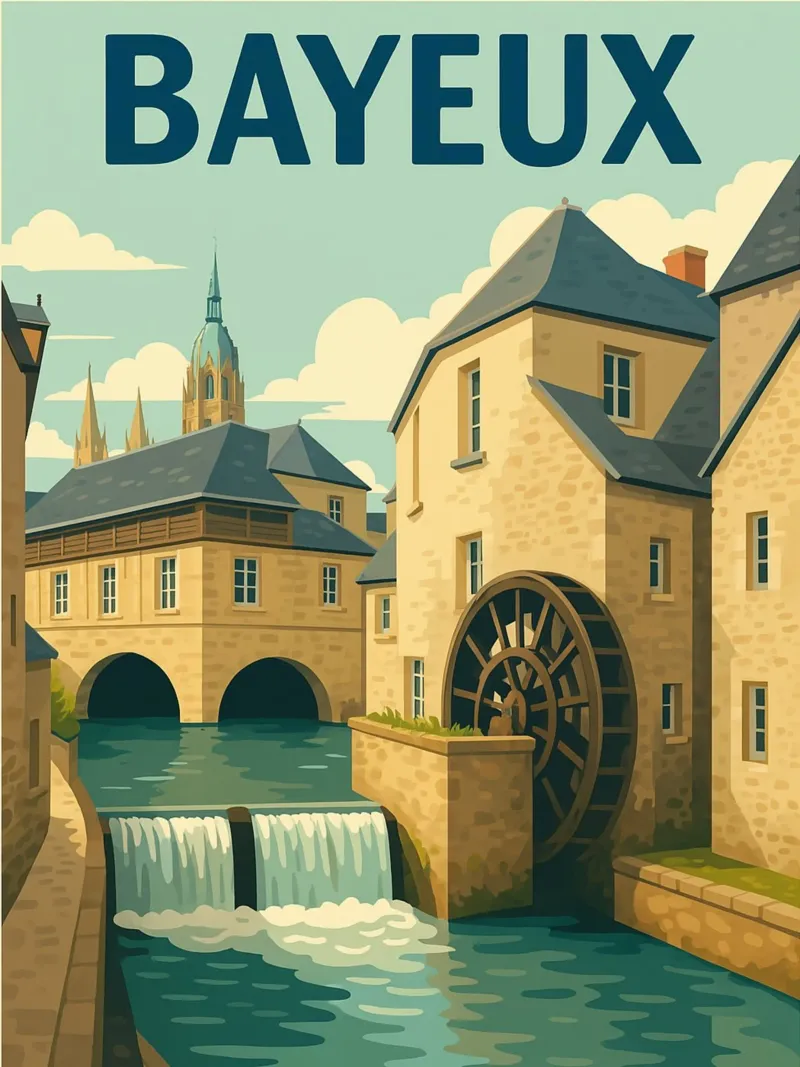 Bayeux - Retro poster of the mill and historic centre poster with plastic frame by PrintMoiUnTruc