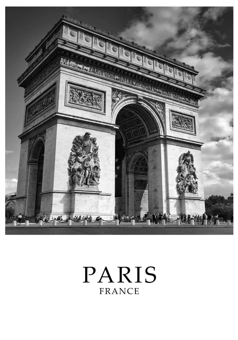 Arc de Triomphe Paris France Scene Greyscale poster con telaio in plastica da Charnwood Prints