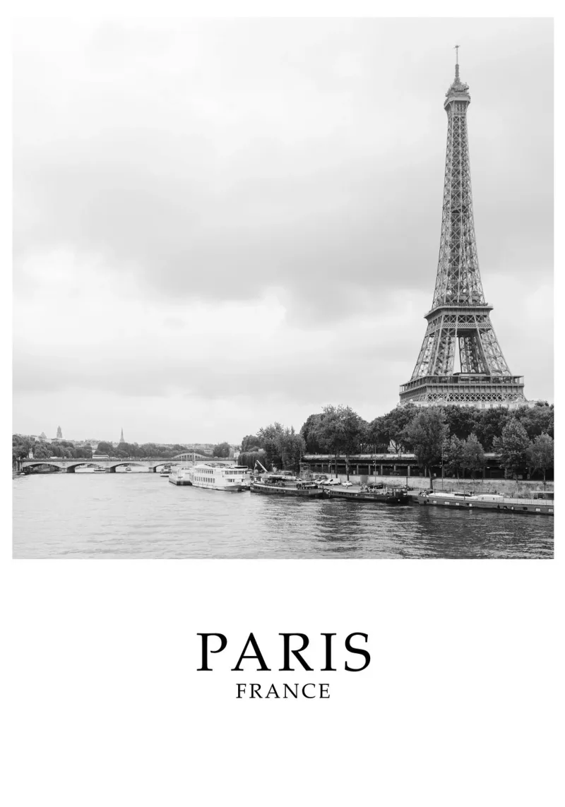 Eiffel Tower River Seine Paris France Scene Greyscale pellicola backlit da Charnwood Prints