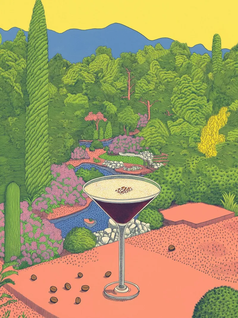 Espresso Martini - Botanischer Cocktail & Reisekaffeekunst Leinwand mit Schattenfugenrahmen von Kaji