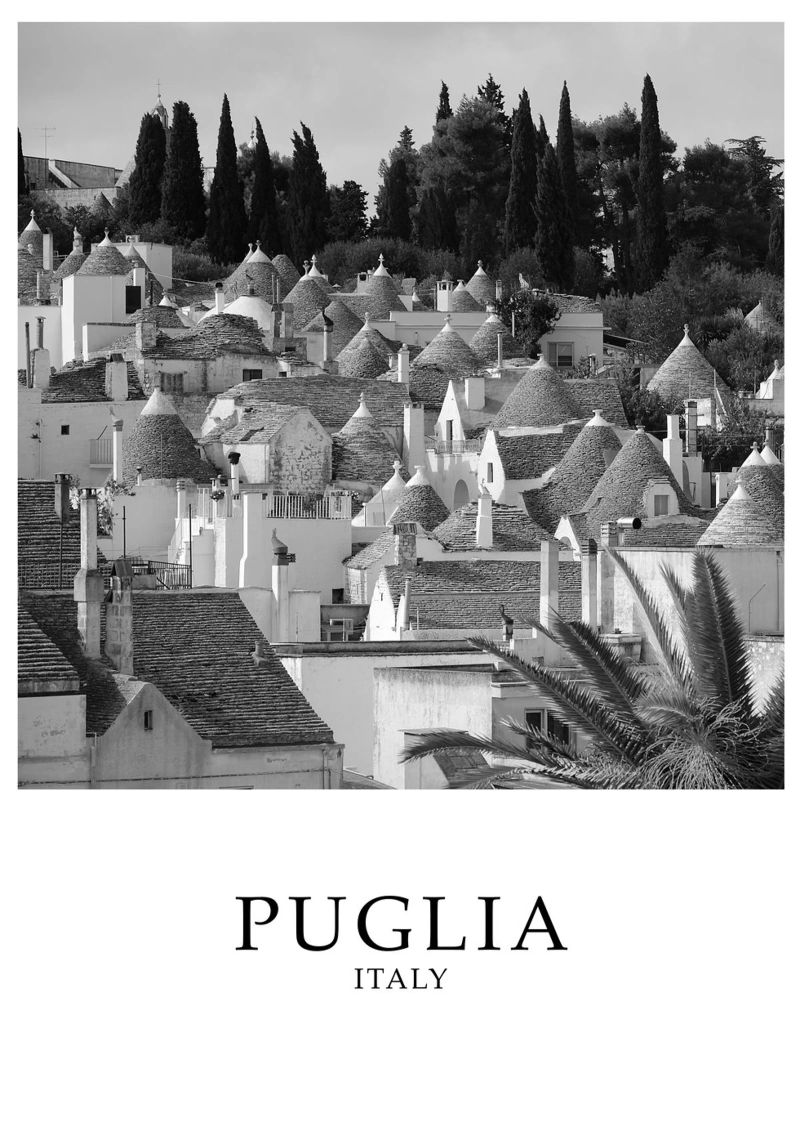 Puglia Italy Scene Greyscale Poster von Charnwood Prints