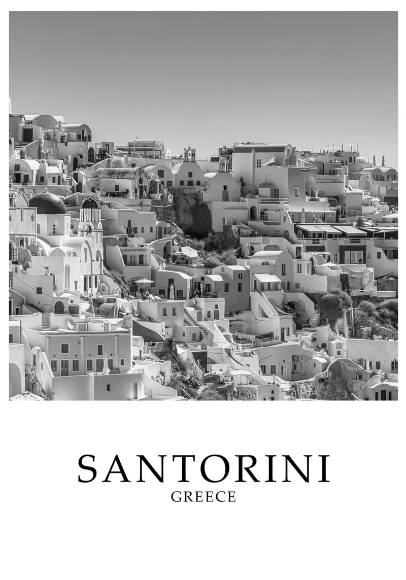 Santorini Greece Architecture Scene Greyscale pellicola backlit da Charnwood Prints