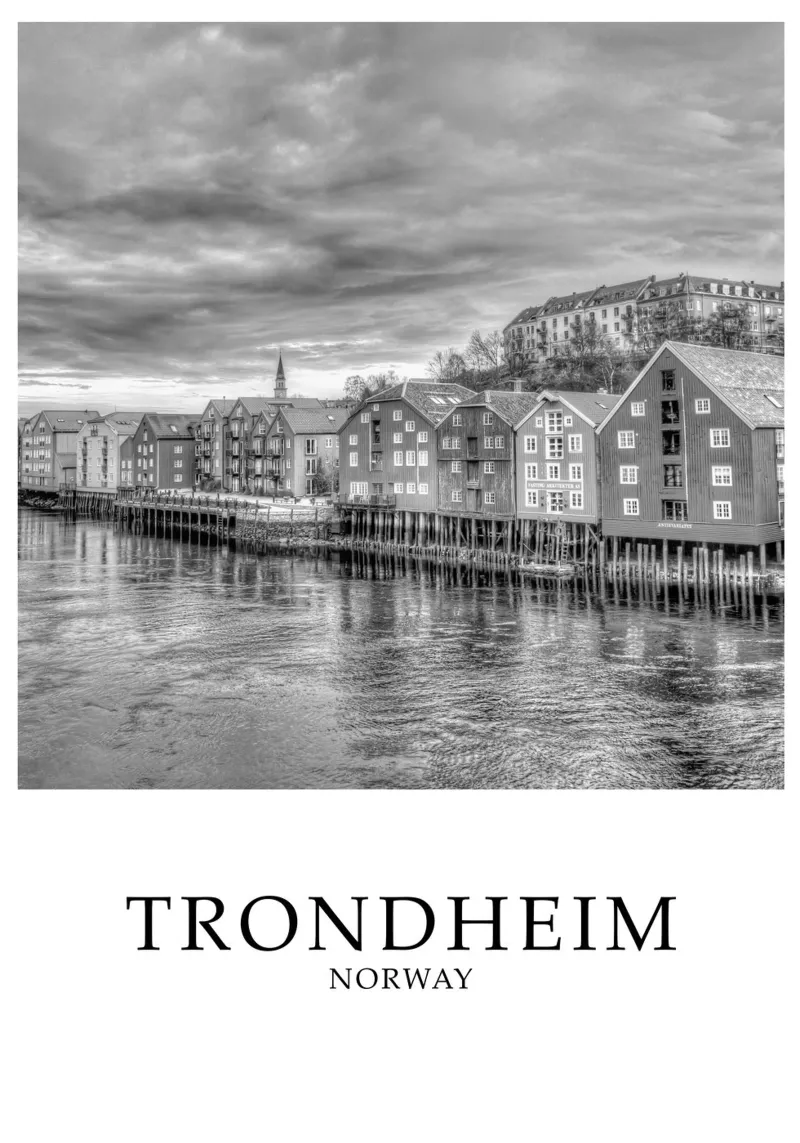Trondheim Norway Architecture Scene Greyscale poster con telaio in legno da Charnwood Prints
