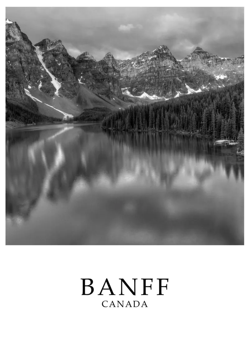 Banff Alberta Canada Lake Nature Scene Greyscale canvas met Baklijst van Charnwood Prints