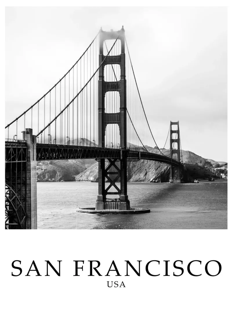 Golden Gate Bridge San Francisco California Scene Greyscale poster da Charnwood Prints