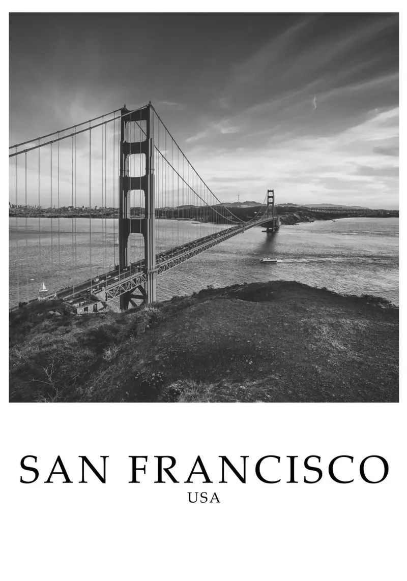 Golden Gate Bridge San Francisco California Scene Greyscale poster con telaio in legno da Charnwood Prints