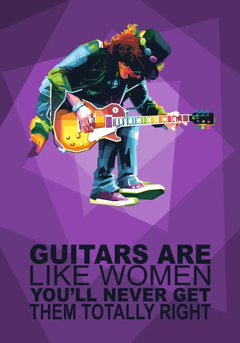 Le chitarre sono come le donne, non si riesce mai ad azzeccarle del tutto. poster con telaio in legno da Alkahfsmart