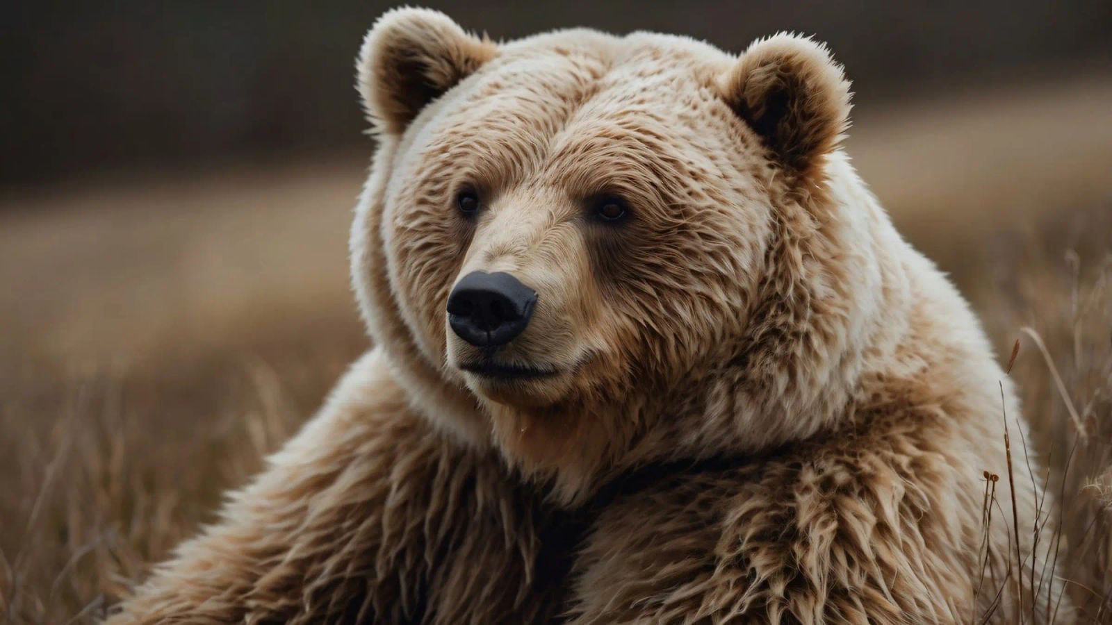 Vue rapprochée d'un ours brun se reposant dans un champ herbeux. poster de DesignDoodle