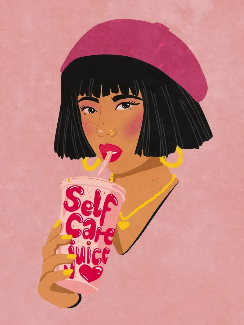 Girl with Self Care Juice poster con telaio in plastica da Illustration Raissa Oltmanns