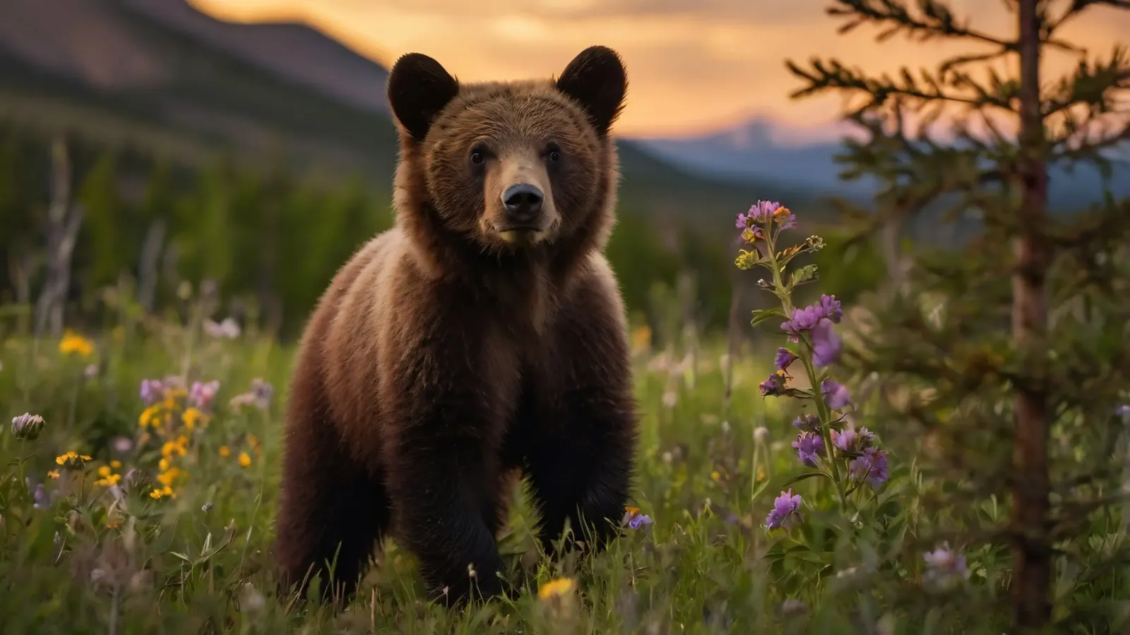 l'orso bruno esplora un prato ricco di fiori selvatici pellicola backlit da DesignDoodle