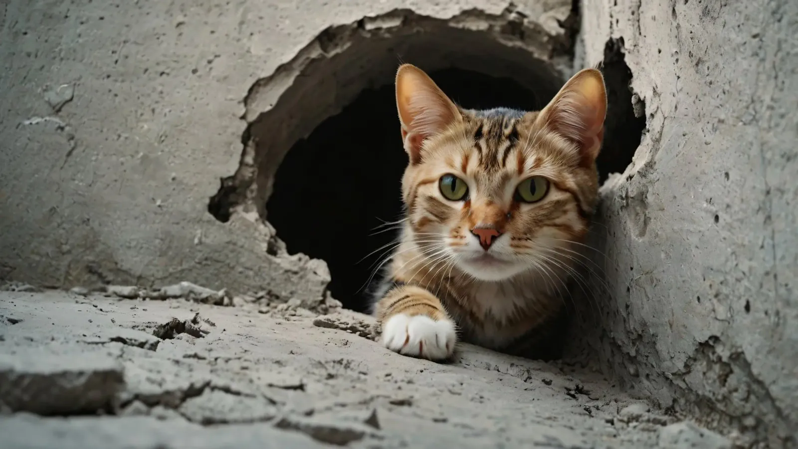 A curious cat peeks through a hole in the cracked concrete backlit film by DesignDoodle