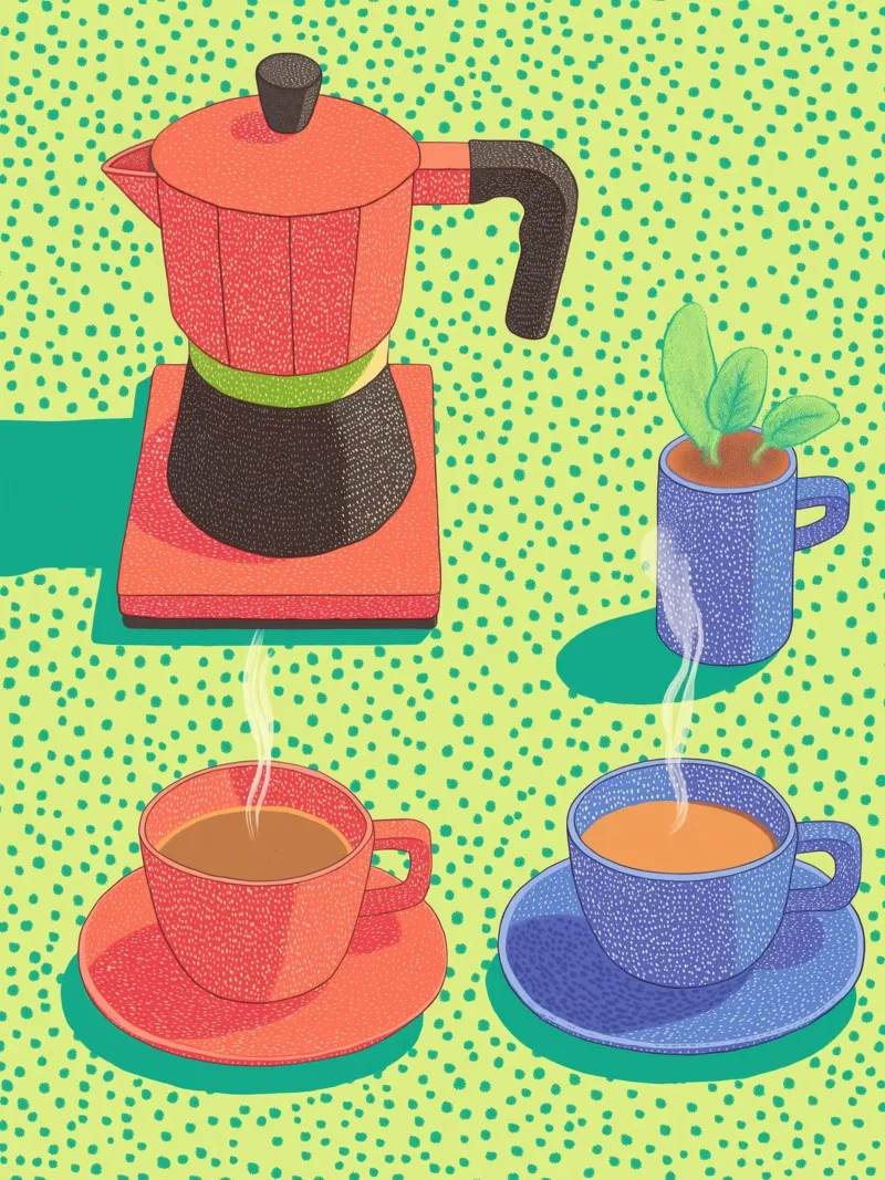 Caffè mattutino Pop Art: Tazze colorate e Moka Moment pellicola backlit da Kaji