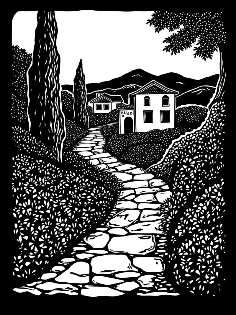 Tuscany Countryside Linocut Art – Rustic Italian Landscape hahnemühle by Indigo Rain