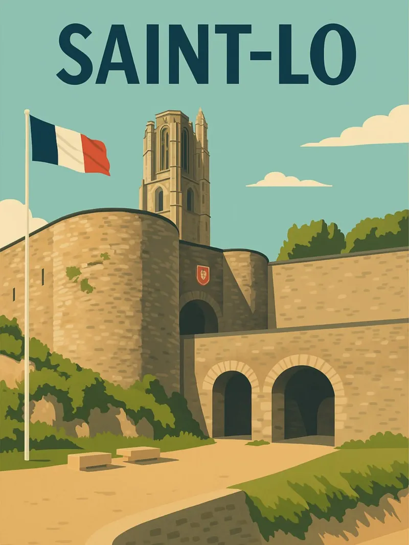 Saint-Lô - Retro poster of the ramparts and Notre-Dame tower poster with wooden frame by PrintMoiUnTruc